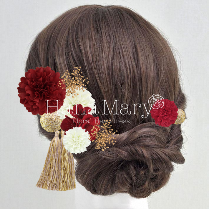 成人式　振袖白　ヘアアレンジかすみ草