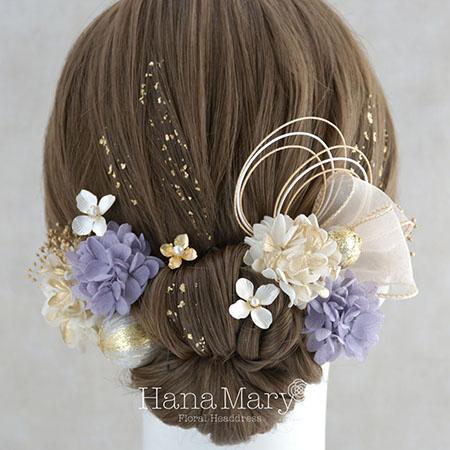 リボンとプリザの髪飾り 成人式 卒業式 結婚式【ラベンダーゴールド】振袖 袴