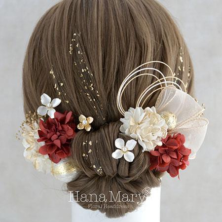 リボンとプリザの髪飾り 成人式 卒業式 結婚式【赤ゴールド】振袖 袴 ヘアアクセ