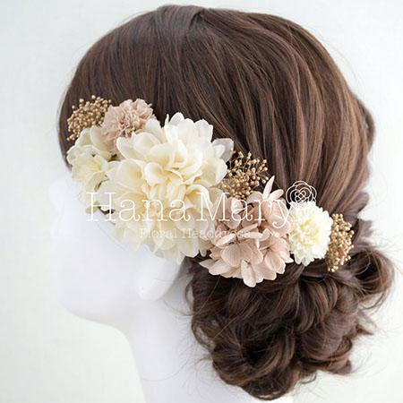 クリーム×モカ色のヘアドレス 結婚式 和装 髪飾り
