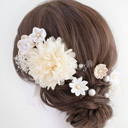 つまみ細工と一輪のダリア【白 クリーム】成人式 卒業式 結婚式 振袖 袴 髪飾り 着物